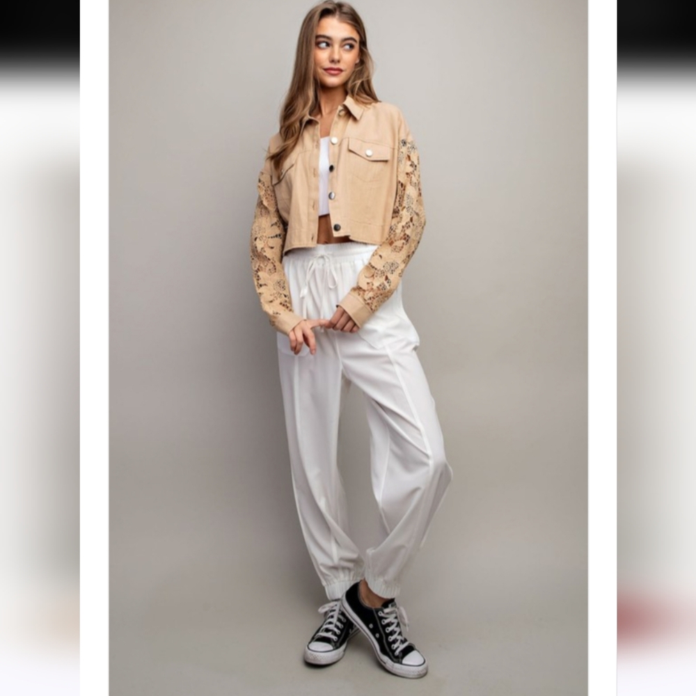INC International Concepts ✨️ Women's Beige Lace Sleeve Trucket Jacket Size S